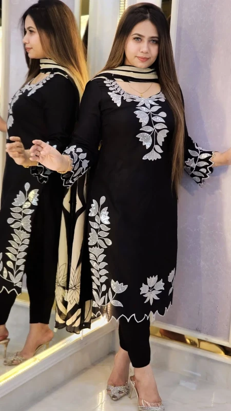 Sequinse Embroidery Three Piece-Black